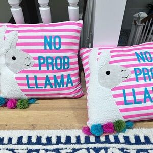 TWO SET OF 2 Pink and White 14"x14" Striped Llama Pillow with Pom Poms GUC